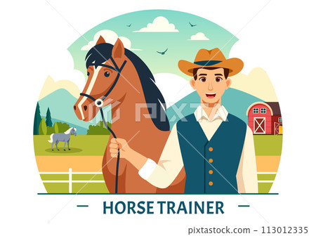 Equestrian Sport Horse Trainer Vector Illustration with Training, Riding Lessons and Running Horses in Flat Cartoon Background Design Equestrian Sport Horse Trainer Vector Illustration with Training, Riding Lessons and Running Horses in Flat Cartoon Background Design 113012335