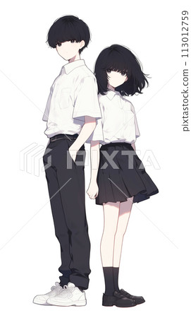 Illustration of Japanese students, men and women in uniform, back to back 113012759