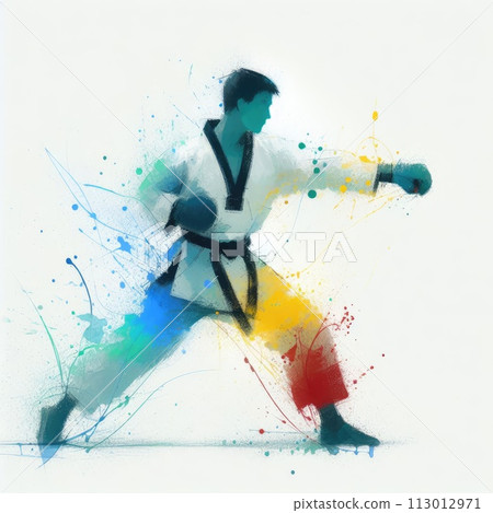 Taekwondo in watercolor splash paint illustration with Generative AI. 113012971