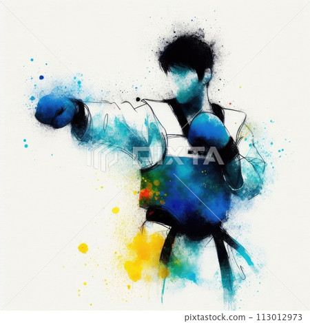Taekwondo in watercolor splash paint illustration with Generative AI. 113012973