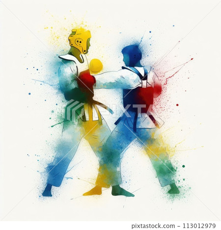 Taekwondo in watercolor splash paint illustration with Generative AI. Taekwondo in watercolor splash paint illustration with Generative AI. 113012979