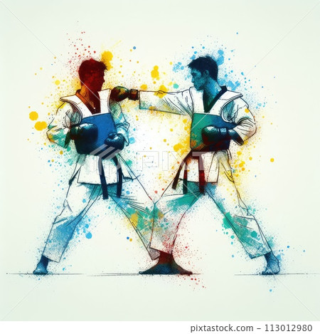 Taekwondo in watercolor splash paint illustration with Generative AI. Taekwondo in watercolor splash paint illustration with Generative AI. 113012980