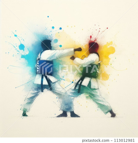 Taekwondo in watercolor splash paint illustration with Generative AI. Taekwondo in watercolor splash paint illustration with Generative AI. 113012981