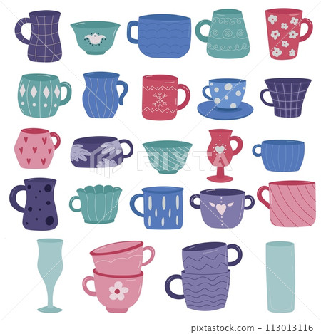 Tea coffee cup set vector illustration. Cartoon vintage teacup collection for english afternoon tea ceremony party or breakfast, drawn pattern on cup and mug Tea coffee cup set vector illustration. Cartoon vintage teacup collection for english afternoon tea ceremony party or breakfast, drawn pattern on cup and mug 113013116