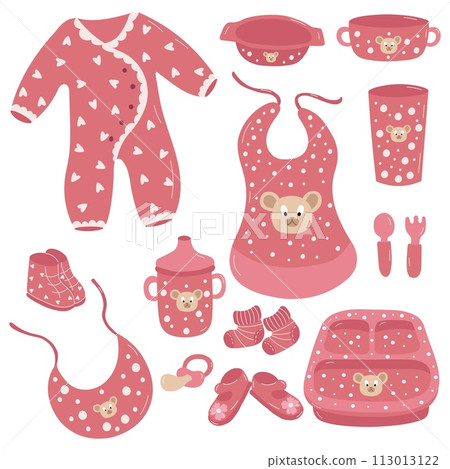 Children set of dishes and clothes. Vector set of pink polka dot color kids tools. Baby set. Children set of dishes and clothes. Vector set of pink polka dot color kids tools. Baby set. 113013122