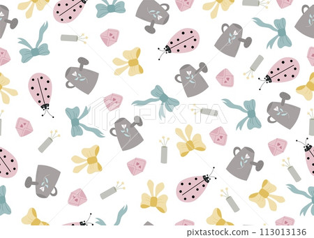 Easter seamless pattern with spring vector elementsbow, ladybug, bee, basket. Rustic, decorative celebration repeat illustration 113013136