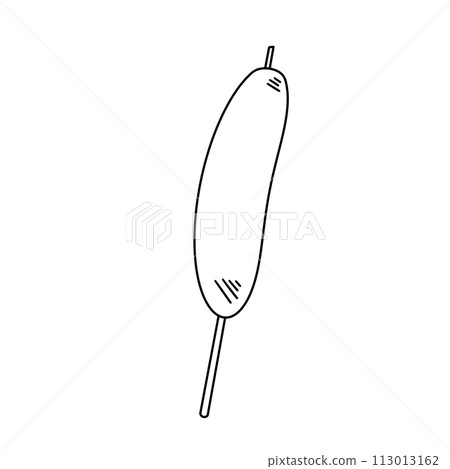 A hot dog is being held by a stick 113013162