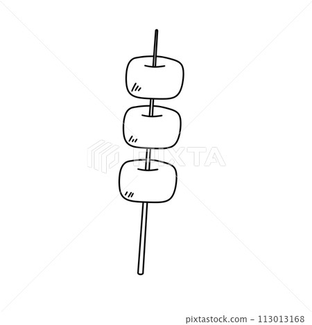A skewer with three pieces of food on it A skewer with three pieces of food on it 113013168