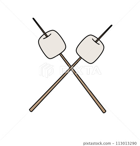 Two marshmallows are on sticks and are crossed over each other Two marshmallows are on sticks and are crossed over each other 113013290
