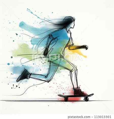 Hand drawn skateboarding in Generative AI. 113013301