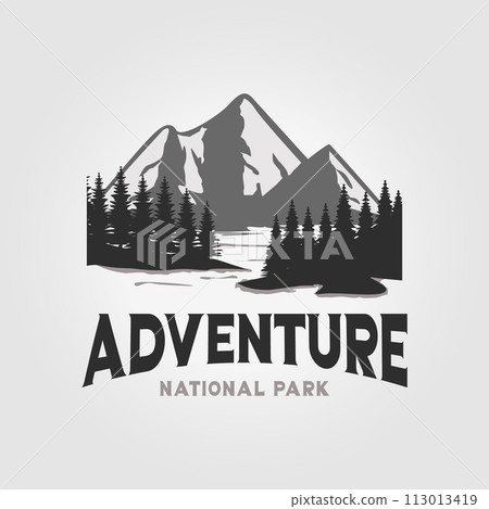 Mountain with crater lake and pines tree logo icon design vector illustration Mountain with crater lake and pines tree logo icon design vector illustration 113013419
