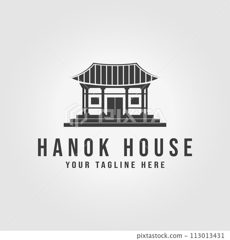 vintage korean hanok logo vector icon design illustration, joglo house from java, hanok house from south korea 113013431