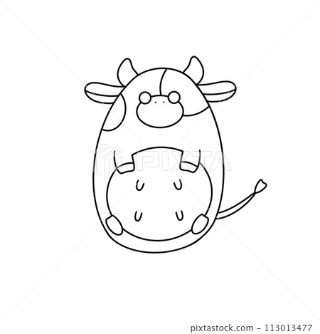 A cartoon cow is holding a baby cow in its mouth 113013477