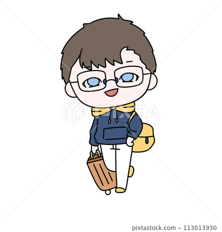 A cartoon boy wearing glasses and a blue hoodie is holding a suitcase A cartoon boy wearing glasses and a blue hoodie is holding a suitcase 113013930