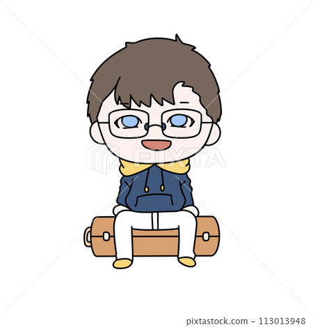 A cartoon boy is sitting on a suitcase A cartoon boy is sitting on a suitcase 113013948