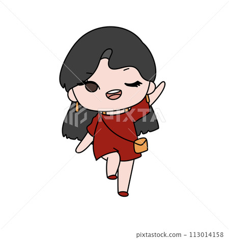 A cartoon girl in a red dress is walking and smiling 113014158