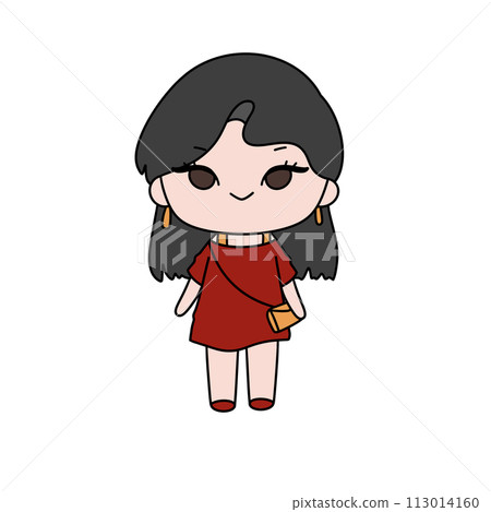 A cartoon girl in a red dress is holding a purse 113014160