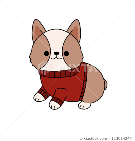 A cute dog is wearing a red sweater 113014244