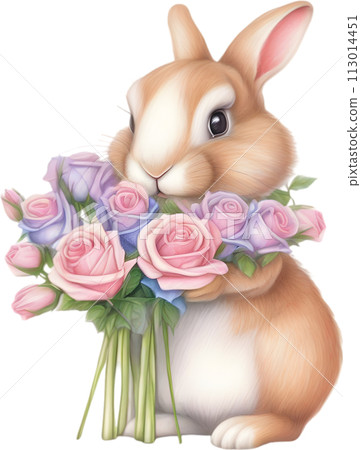Cute Bunny with a bouquet of flowers. AI-Generated. 113014451