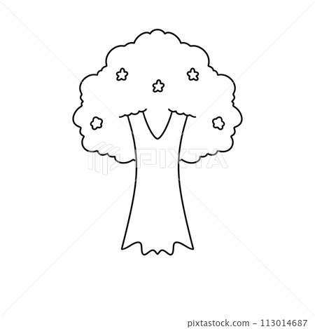 A tree with leaves and flowers is drawn in black and white A tree with leaves and flowers is drawn in black and white 113014687