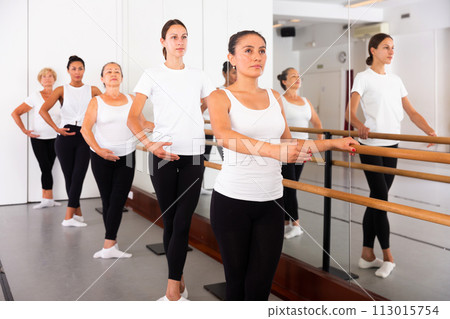Group of women engaged in classical ballet stand holding onto a barre in a ballet stance 113015754