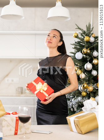 girl stands in apartment decorated for Christmas girl stands in apartment decorated for Christmas 113015813