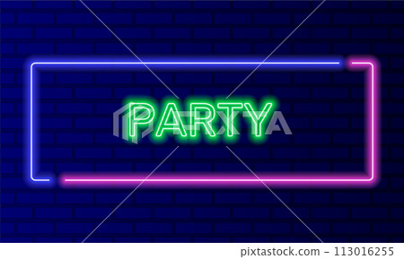 Neon sign party in speech bubble frame on brick wall background vector. Light banner on the wall background. Lets party time button, design template, night neon signboard Neon sign party in speech bubble frame on brick wall background vector. Light banner on the wall background. Lets party time button, design template, night neon signboard 113016255