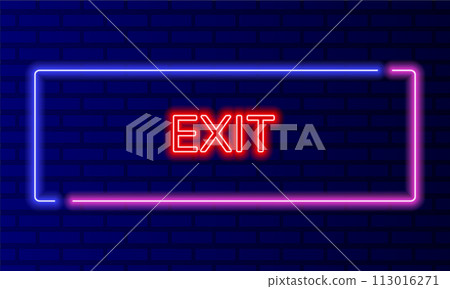 Neon sign exit in speech bubble frame on brick wall background vector. Light banner on the wall background. Exit button for buildings door, design template, night neon signboard 113016271
