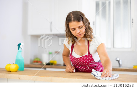 Woman cleaning dinning table with rag in kitchen at home 113016288