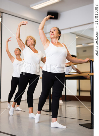 Warm-up sessions at bench, women doing ballet Warm-up sessions at bench, women doing ballet 113016398