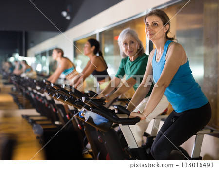 Elderly woman warming up on bike at gym Elderly woman warming up on bike at gym 113016491