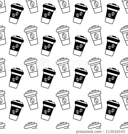 Seamless pattern of outline drawn and silhouette disposable cups with lid and coffee beans on label 113016543
