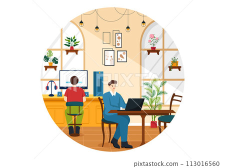 Internet Cafe Vector Illustration with Building for Young People Playing Games, Workplace use a Laptop, Talking and Drinking in Flat Background 113016560