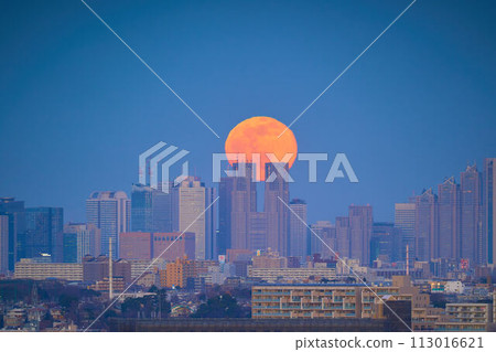 Skyscrapers and moonrise (full moon) in the direction of central Tokyo (Nishi-Shinjuku) from Ikuta Water Reservoir in Tama Ward, Kawasaki City Skyscrapers and moonrise (full moon) in the direction of central Tokyo (Nishi-Shinjuku) from Ikuta Water Reservoir in Tama Ward, Kawasaki City 113016621