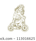 Line drawing illustration of a girl riding a tricycle 113016625