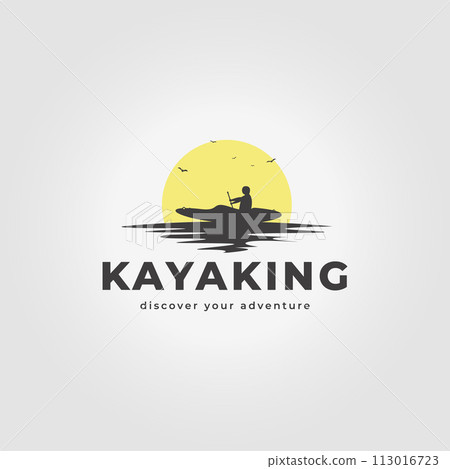 a man is kayaking at sunset on a lake design, illustration vector of kayaking with a sun 113016723