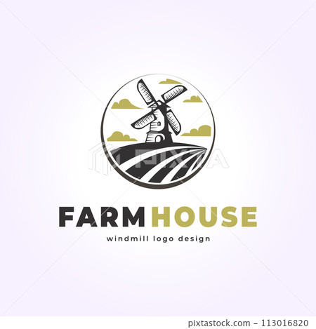 windmill emblem in field logo vector, farmhouse design icon illustration template with clouds 113016820