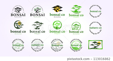 bonsai logo design bundle, bonsai tree icon set vintage decoration vector illustration 113016862