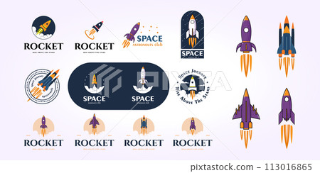rocket logo design bundle, spaceship illustration vector set, spaceship icon emblem bundle 113016865