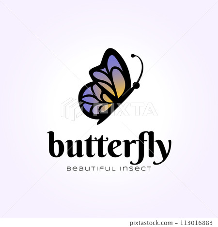 simple butterfly logo with blue wings, vintage elegant insect icon vector illustration 113016883