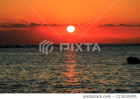 從海灘看到美麗的日落和富士山的輪廓。位於日本神奈川縣三浦市荒井濱海灘。 20 從海灘看到美麗的日落和富士山的輪廓。位於日本神奈川縣三浦市荒井濱海灘。 20 113016995