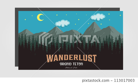 illustration poster of wanderlust in the night with a moon, vector design forest with the mountain 113017003