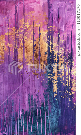 AI-generated content. Abstract colorful gold foil oil painting of winter forest. Luxury wall art 113017170