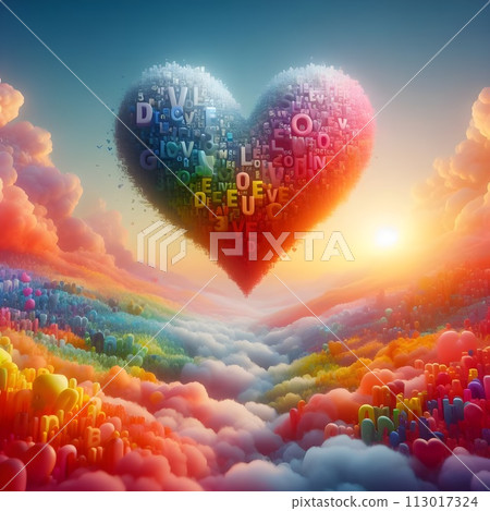 Digital artwork of a heart made up of colorful 3D words. 113017324