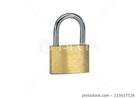 Brass pad lock isolated on the white background Brass pad lock isolated on the white background 113017526