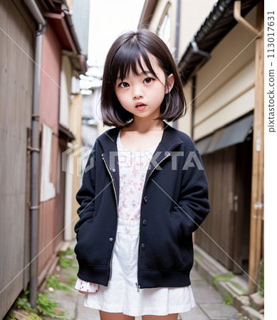 Young woman posing on the street in a residential area 113017631