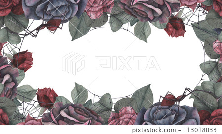 Border frame black spider with cobweb and dark roses flowers and leaves isolated on white background. Watercolor hand draw dark fantasy illustration. Art design mystical Halloween witch decoration Border frame black spider with cobweb and dark roses flowers and leaves isolated on white background. Watercolor hand draw dark fantasy illustration. Art design mystical Halloween witch decoration 113018033