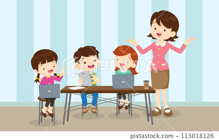 teacher and kids learning computer technology education courses 113018126