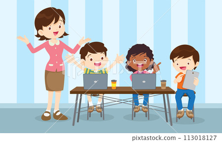 teacher and kids learning computer technology education courses 113018127