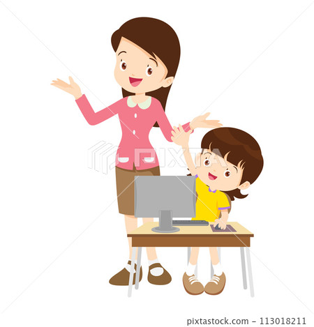 happy teacher and student learning computer 113018211